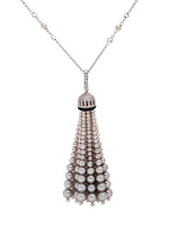 Cultured Pearl, Onyx, Diamond and Clear Stone Sautoir Necklace