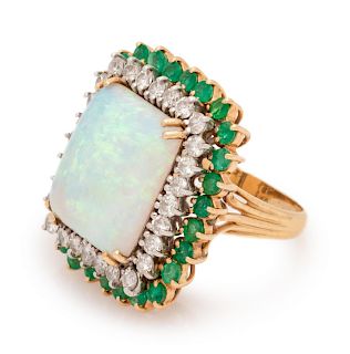 Opal, Diamond and Emerald Ring