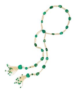 Art Deco, Emerald & Seed Pearl Lavalier Necklace