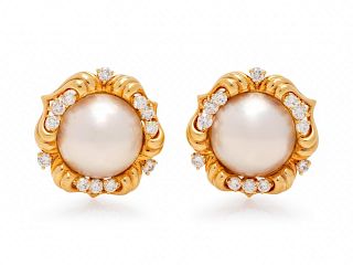 Diamond and Cultured Mabe Pearl Earclips