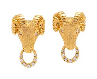 Van Cleef & Arpels, Diamond and Yellow Gold Ram's Head Earclips 