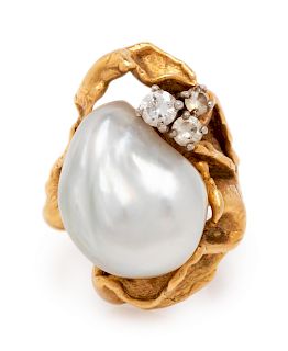 Gilbert Albert, Brutalist, Cultured Pearl and Diamond Ring