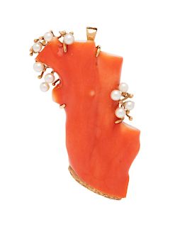 Coral and Cultured Pearl Pendant/Brooch