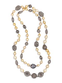 Cultured Pearl, Sapphire and Diamond Longchain Necklace