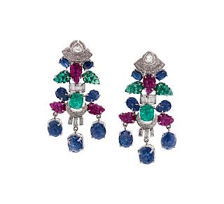 Diamond, Carved Emerald, Ruby and Sapphire Earclips
