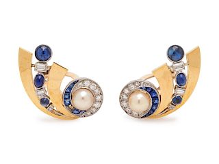Retro, Diamond and Cultured Pearl Earclips