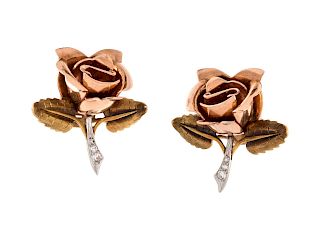 Tiffany & Co., Retro, Diamond Rose Motif Earclips