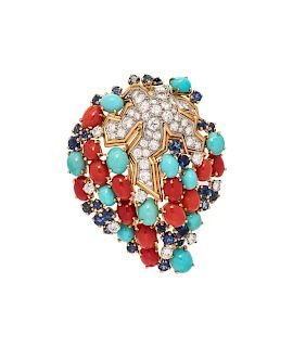 Diamond, Sapphire, Turquoise, and Coral Brooch