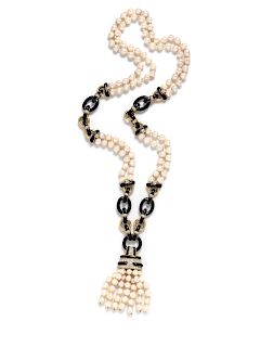 Cultured Pearl, Onyx and Diamond Sautoir Necklace