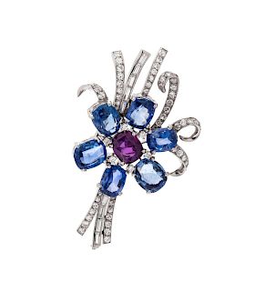 Purple Sapphire, Sapphire and Diamond Flower Brooch