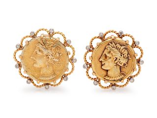 Monture Cartier, Gold Coin and Diamond Earclips