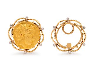 Monture Cartier, Gold Coin and Diamond Earclips