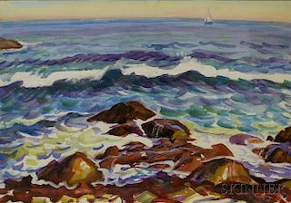 Joseph Margulies (American, 1896-1984)      Coast with Rocks and Sailboat.