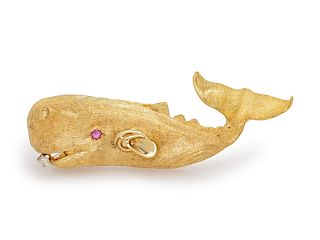 Diamond and Ruby Whale Brooch