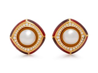 De Vroomen, Enamel, South Sea Cultured Pearl and Diamond Earclips
