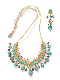 Diamond, Ruby, Turquoise, Cultured Pearl and Polychrome Enamel Demi-Parure