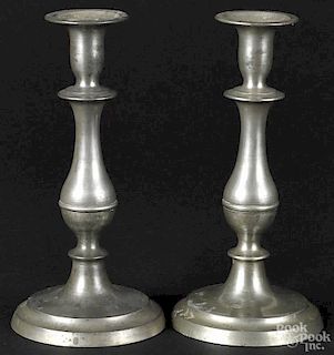 Pair of Cincinnati pewter candlesticks, 19th c., stamped Flagg & Homan, 9 3/4'' h.