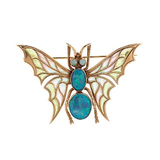 Opal and Plique-a -Jour Enamel Butterfly Brooch