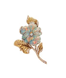 Opal, Colored Diamond and Diamond Flower Pendant