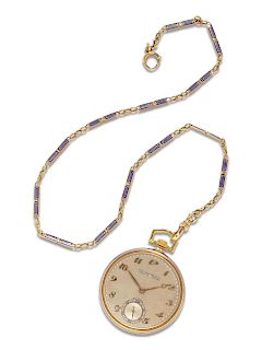 Patek Philippe & Cie for E. Gubelin, Yellow Gold and Enamel Open Face Pocket Watch and Fob Chain