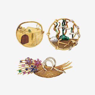 THREE WHIMSICAL GEM-SET YELLOW GOLD BROOCHES