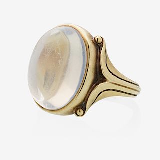 MARCUS & CO. ART NOUVEAU MOONSTONE & YELLOW GOLD RING