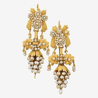 SEED PEARL & YELLOW GOLD GRAPE CLUSTER EARRINGS