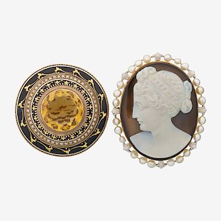 TWO 19TH C. GREEK REVIVAL YELLOW GOLD BROOCHES