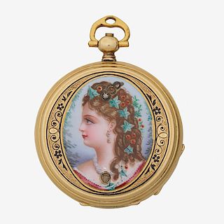 VICTORIAN ENAMELED YELLOW GOLD POCKET WATCH