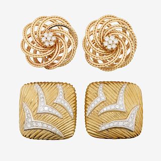 TWO PAIRS OF DIAMOND & YELLOW GOLD EAR CLIPS