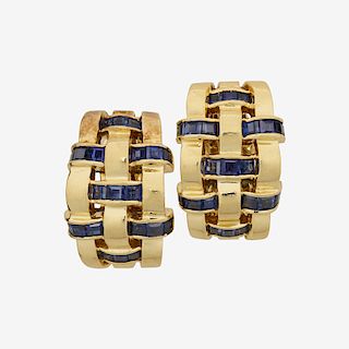TIFFANY & CO. "VANNERIE" SAPPHIRE & YELLOW GOLD EAR CLIPS