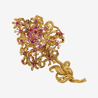 TIFFANY & CO. RUBY & YELLOW GOLD BOUQUET BROOCH