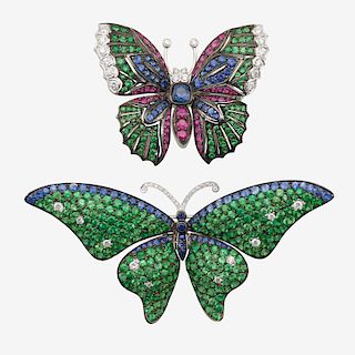 TWO GEM-SET WHITE GOLD BUTTERFLY BROOCHES
