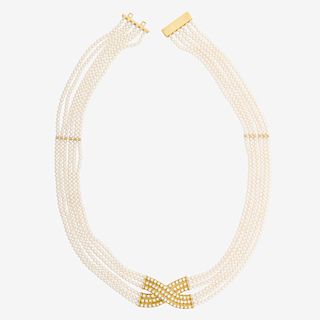 CULTURED PEARL, DIAMOND & YELLOW GOLD NECKLACE