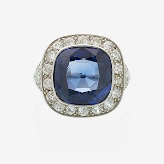 ART DECO SYNTHETIC SAPPHIRE AND DIAMOND RING