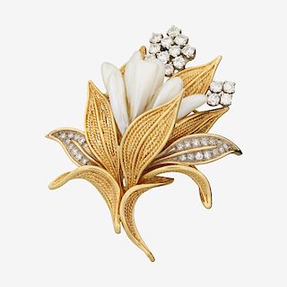 RIVER PEARL, DIAMOND & YELLOW GOLD BOUQUET BROOCH