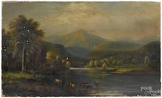 Primitive American, oil on canvas landscape, late 19th c., 15'' x 25''.