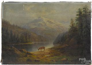 Primitive American, oil on canvas mountain landscape, late 19th c., 16 3/4'' x 23 3/4''.