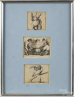 Three framed engraved caricatures, by Paul Huberti, 18th c., frame - 12 1/2'' x 9 1/2''.