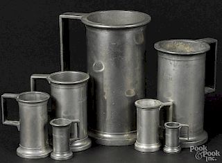 Assembled set of French pewter measures, late 19th/early 20th c., to include one liter, a delimiter