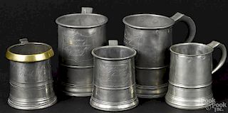 Pair of English pewter quart mugs, by C. Bentley, ca. 1835, inscribed with a shield and J. Bacon