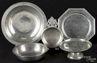 English pewter basin, 18th c., by R. Bush & Co., 7 3/4'' dia., together with an English tazza