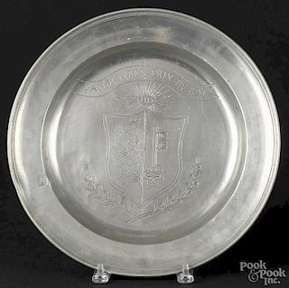 Swiss pewter dish, 18th c., engraved with the seal of Geneva and Vandeuvres, Prix du Roy