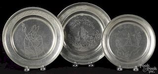 Three Continental pewter plates with wrigglework engraving, 18th/19th c., to include a German plate