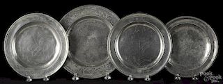 Three English pewter plates with wrigglework engraving, 18th/19th c.