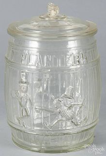 Planters Peanut clear glass counter jar, ca. 1900, with a running Mr. Peanut, 12 1/2'' h.