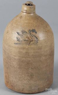 Stoneware jug, 19th c., with incised swan decoration, 9 1/2'' h.