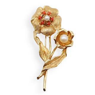 14k Gold, Pearl and Coral Brooch