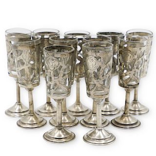(11 Pc) Mexican Sterling Overlay Glass Cordials