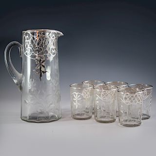 (7 Pc) Etched Silver Overlay Glass Set